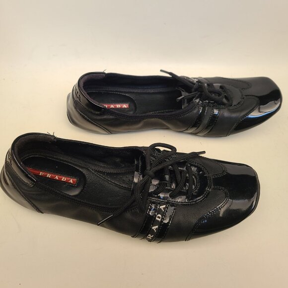 Prada Sport Black Patent Leather Lace Up Ballet Sneakers EU 37.5 US 7 - Picture 5 of 16